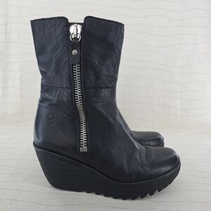 Fly London Womens Yex Black Leather Booties Side Zip Wedge Boots Shoes Sz 38 EUR